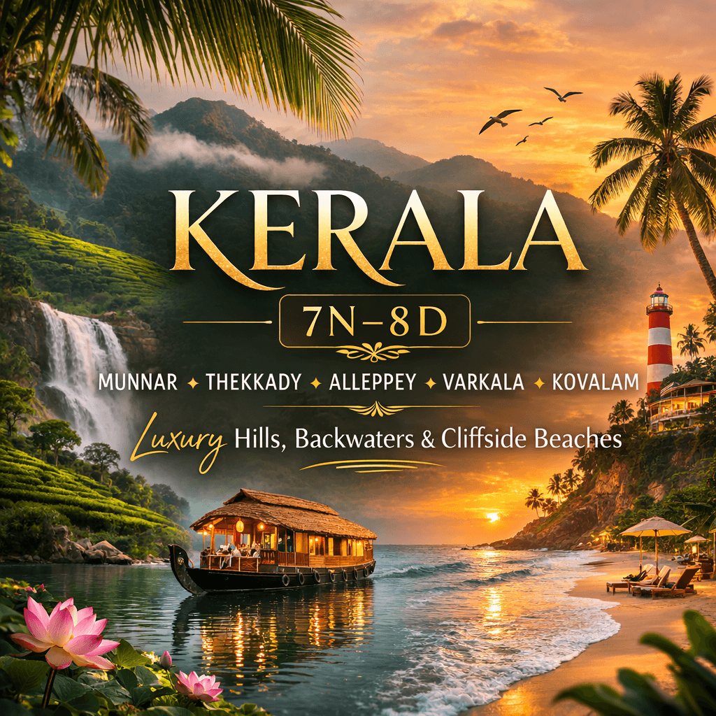 KERALA | 7N–8D | MUNNAR ✦ THEKKADY ✦ ALLEPPEY ✦ VARKALA ✦ KOVALAM Luxury Hills, Backwaters & Cliffside Beaches