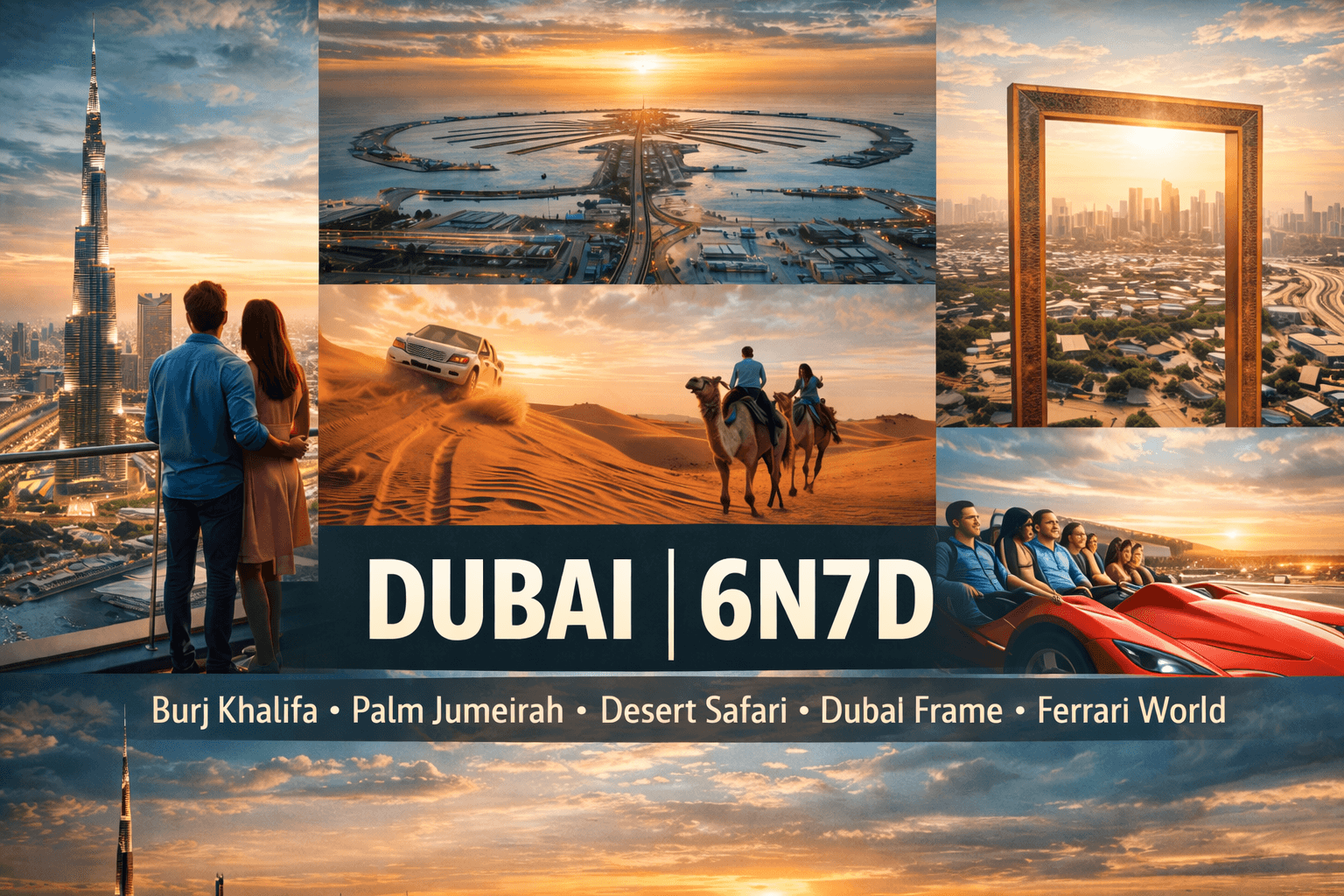 Dubai | 6N7D | Burj Khalifa · Palm Jumeirah · Desert Safari · Dubai Frame · Ferrari World