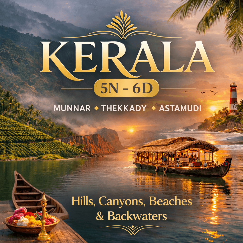 KERALA | 5N–6D | MUNNAR ✦ THEKKADY ✦ ASTAMUDI Hills, Canyons, Beaches & Backwaters